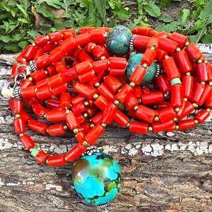 Antique Red coral and turquoise necklace